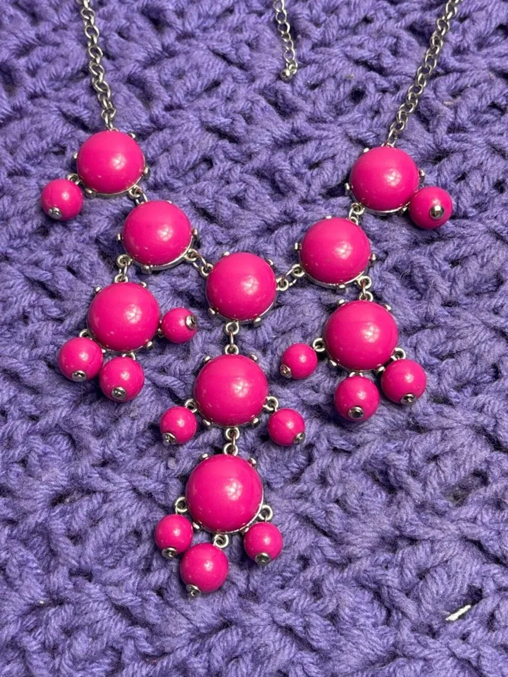 Fuchsia Plastic Cabochons Beaded Bib Necklace Silvertone 17 - 20 inches Long